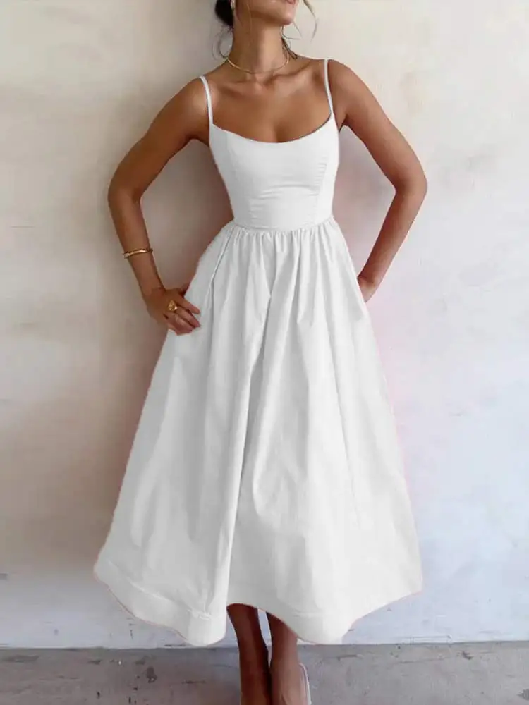 Elegant White Cut Out Sling Maxi Dress Women Fashion Backless Sleeveless Lace Up Bow Ruffles Dresses Summer Lady Chic Party Robe