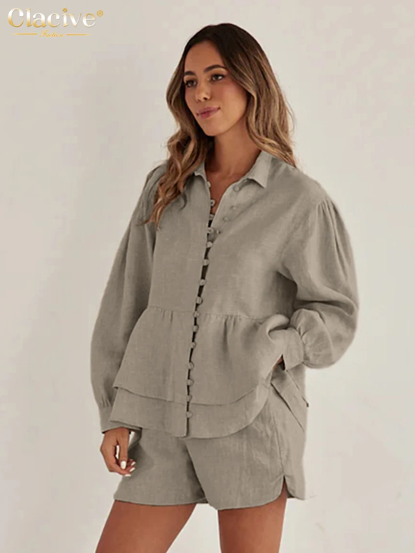 Clacive Fashion Loose Khaki Linen 2 Piece Sets Women Outfit 2025 Elegant Long Sleeve Shirt With High Waist Shorts Set Female