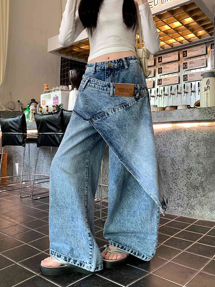 REDDACHiC Skirt Layered Women Jeans Do Old Trendy Asymmetrical Stitch Loose Casual Wide Leg Baggy Denim Pants Korean Streetwear