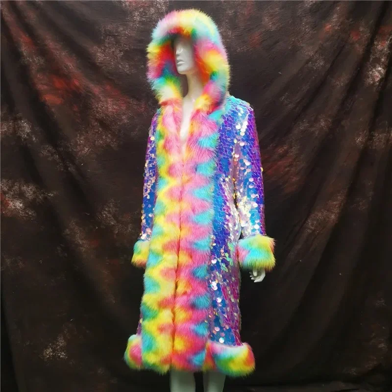 2025 New Fashion Long Hooded Imitation Fox Fur Jacket Colorful Sequined Nightclub Coat Women Stage Party Performance Clothes