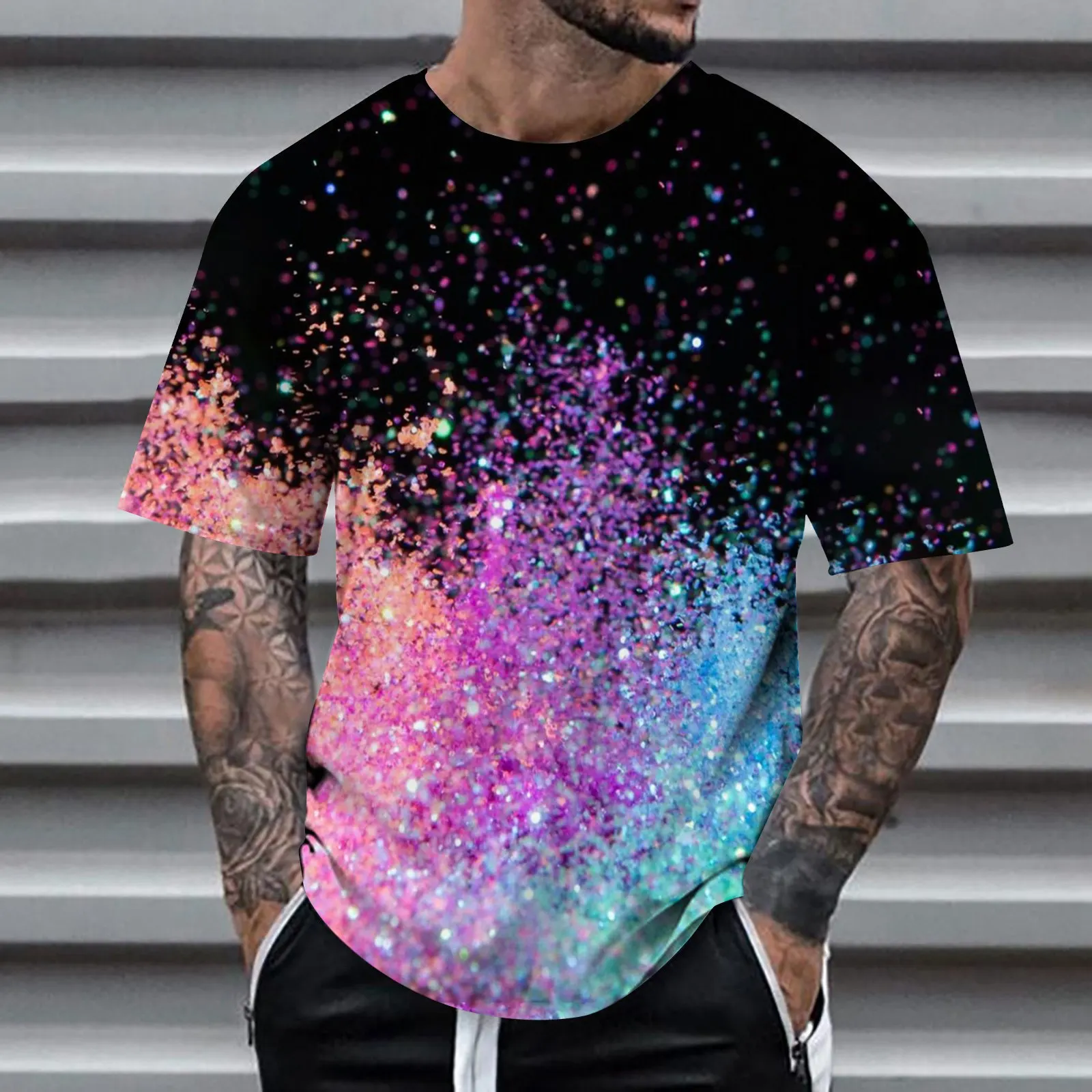 Gradual Change Colorful 3D Digital Printing Men's Casual Crew Neck Short-sleeved Top