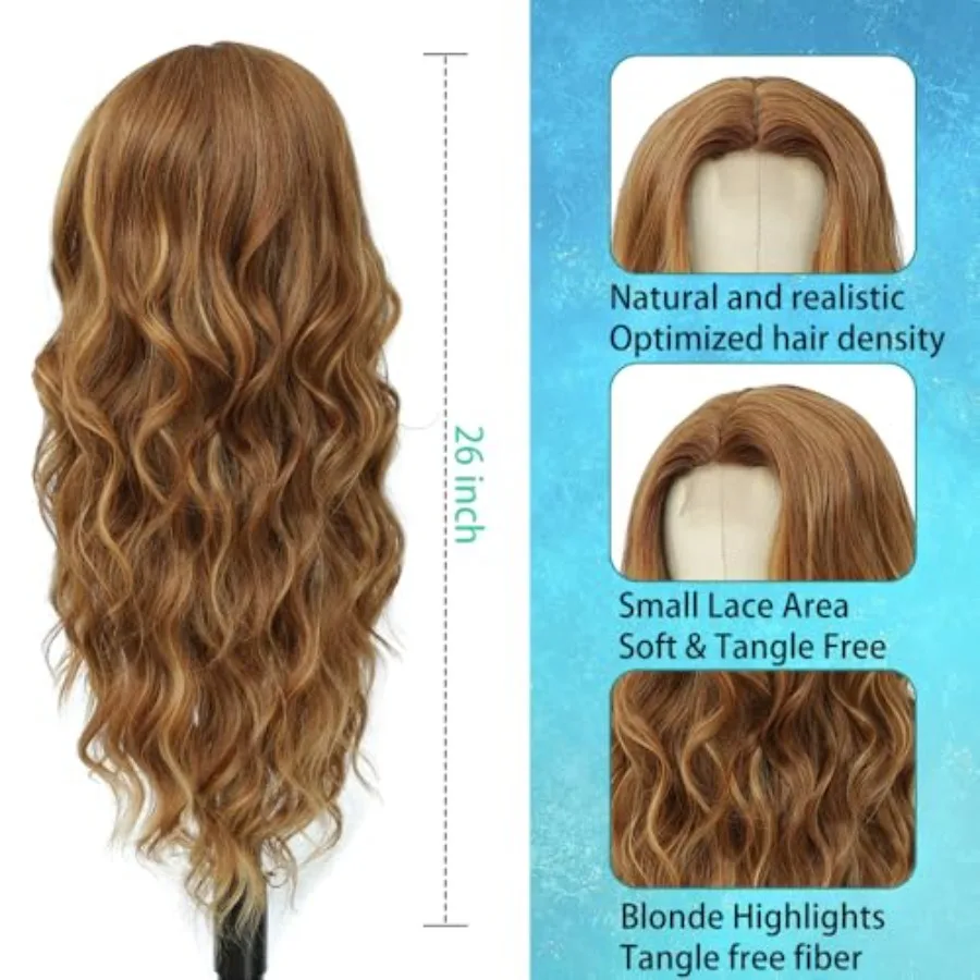 Lange braune gemischte blonde Perücken für Frauen mit natürlichen Highlights, Mittelteil, synthetisches lockiges Haar, Ersatzperücken für den täglichen Gebrauch