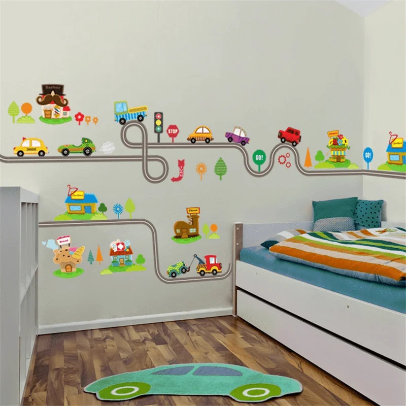 2Pcs/Lot Cartoon Cars Highway Track Wall Stickers Play Room Bedroom Decor Wall Art Decals