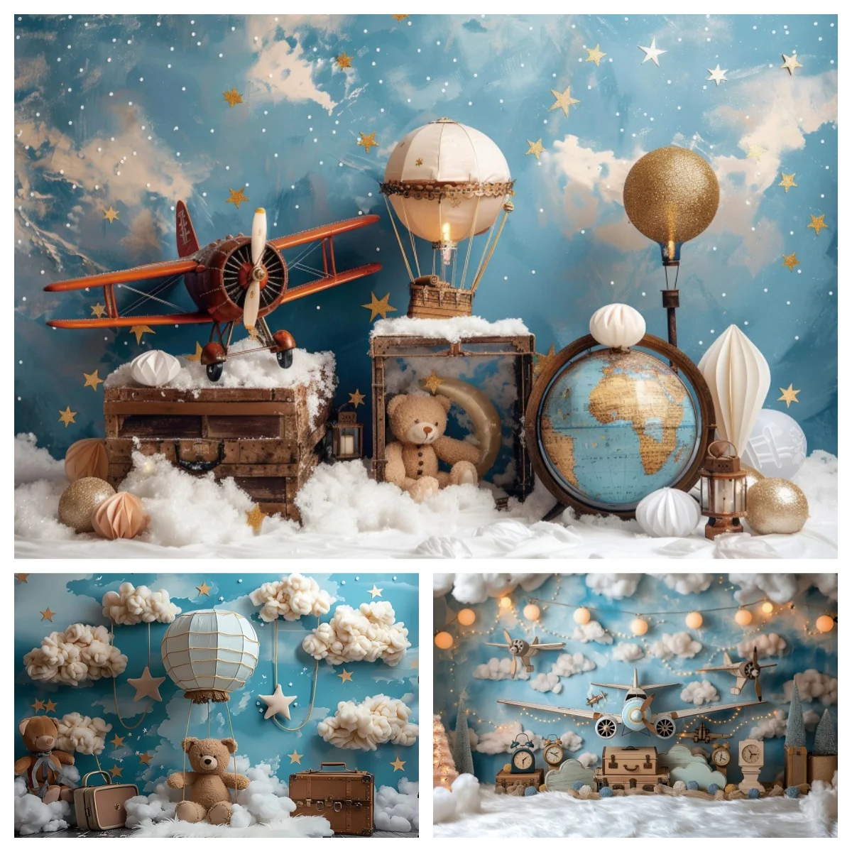 Newborn 1st Birthday Photography Backdrop Teddy Bear Blue Sky Hot Air Balloon  Baby Travel the World Kids Portrait Background