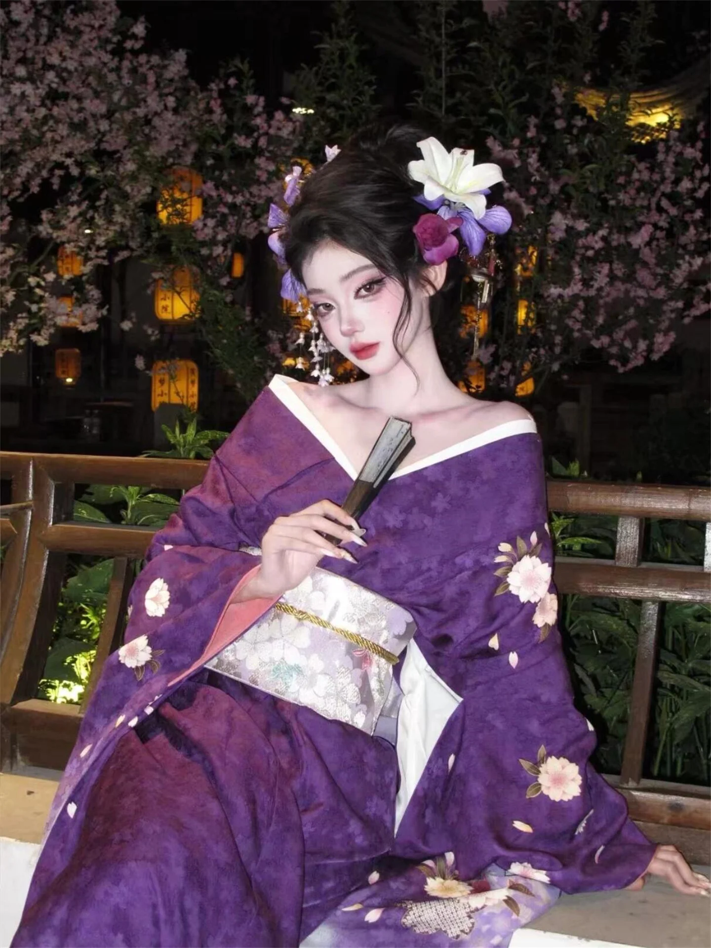 

New Purple Traditional Kimono Dr for Photoaphy Teen Girls Artistic Portrait Clothing Stage Costume Polyester Fabric