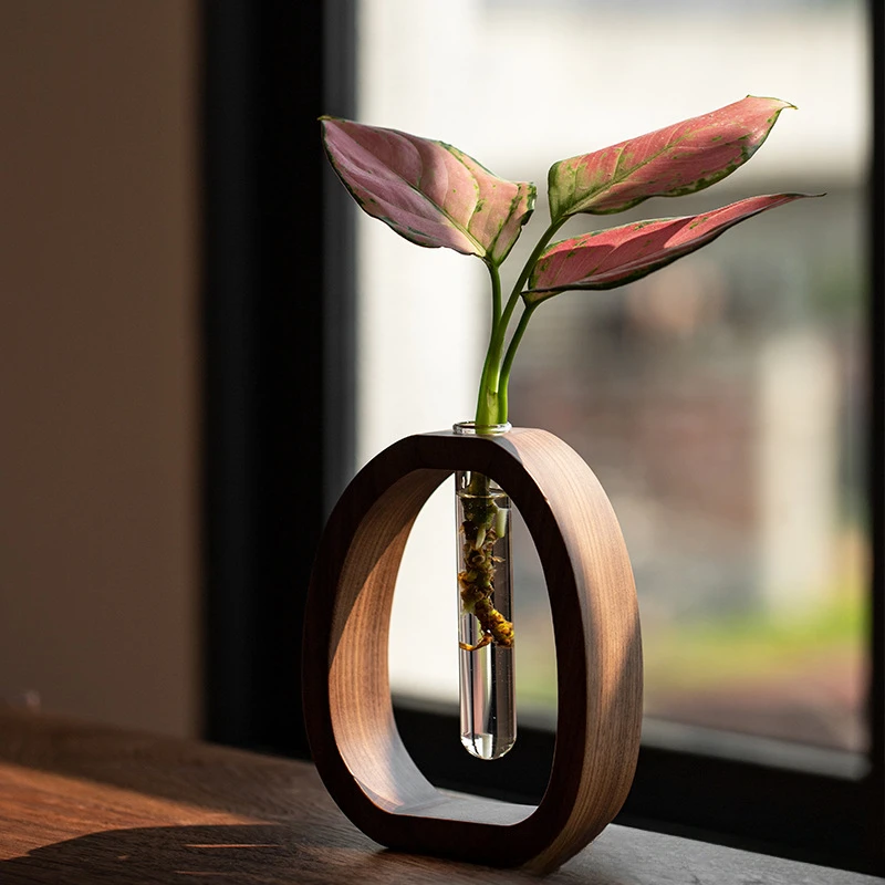 Walnut Solid Wood Flower Ware Creative Flower Arrangement Decoration Simple Glass Plant Flower Stand mini Water-Cultured Vase