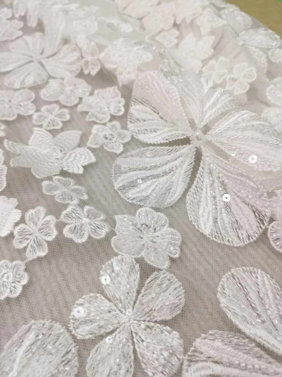 1Yard 130CM Height Embroidery Flower Mesh Fabric Luxury Bride Wedding Gown Sewing Fabric Hot New