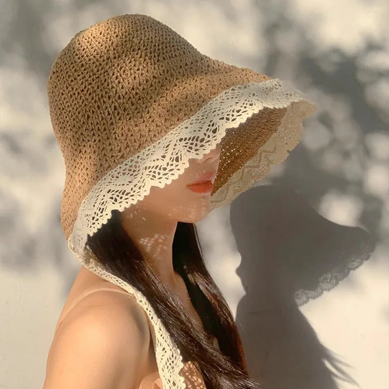 Summer Foldable Straw Bucket Hat for Women French Romantic Lace Edge Wide Brim Sun Hat with Tie Strap UV Protection Beach Hat