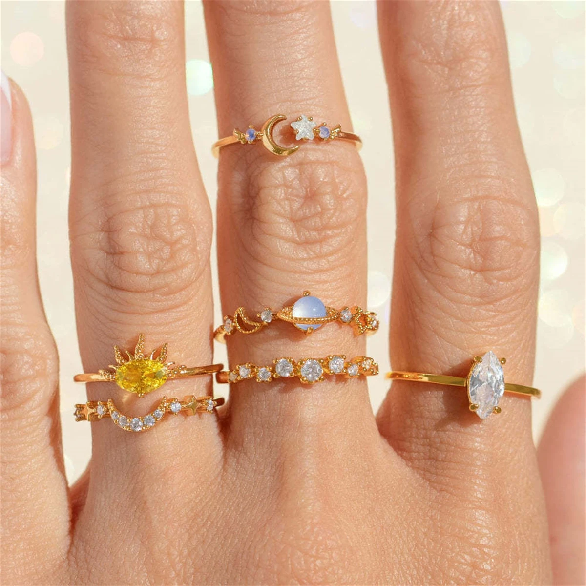 Ins خاتم الرياح الزركون الشمس القمر نجوم حالمة خرافة لطيف مجموعة حلقة زوج خاتم مطلية بالذهب اللون المحفوظ
