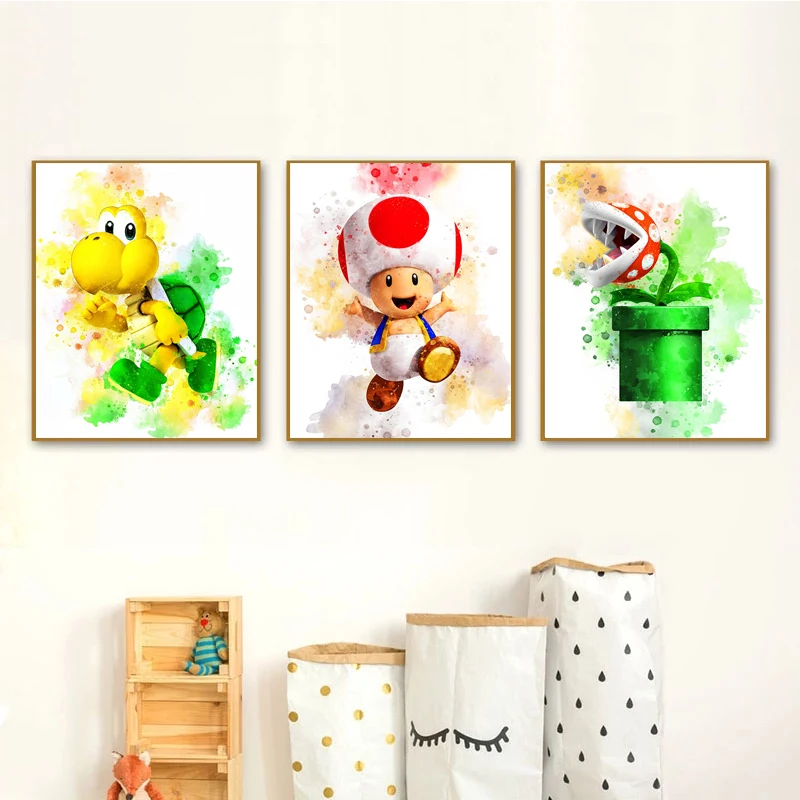 Graffiti Watercolour Art Mario Poster Prints Playroom Canvas Paintings Wall Picture Living Room Kids Bedroom Home Decor Cuadros