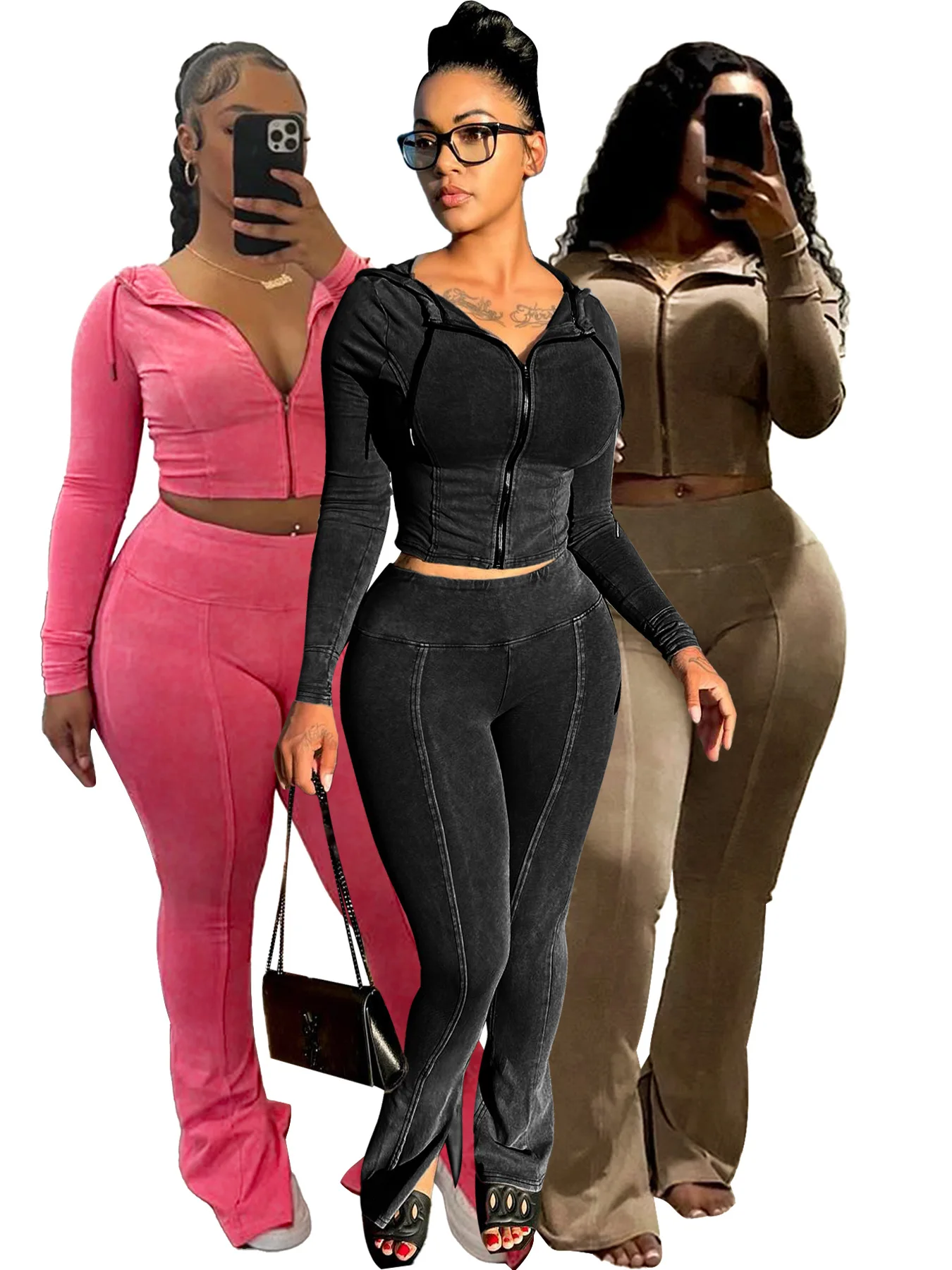 PYMQR Washed Worn Hooded Flared Pants Women Two-piece set  Hoodie Zip Up Cropped Top Jogger High Waist Lounge Wear Suits 2024