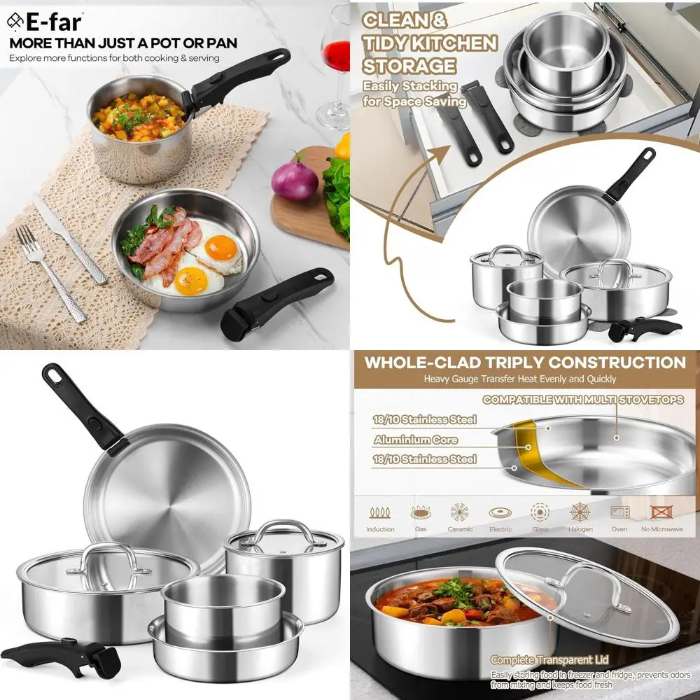 

3-Ply Stainless Steel Cookware Set with Detachable Handle, 9-Piece Pots and Pans, Induction Compatible, Non-Toxic Clad Cookware
