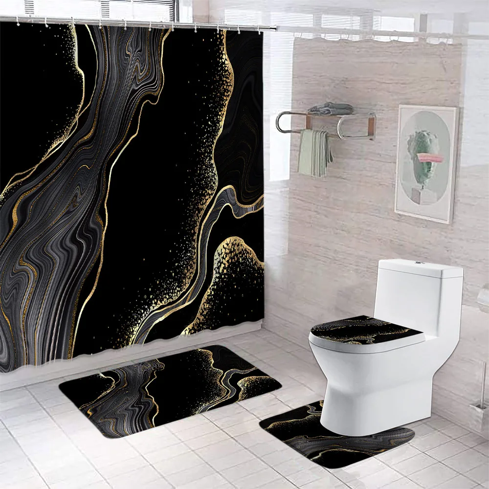 Black Marble Shower Curtain And Rug Shower Curtain Set Luxury Gold Textured Art Hanging Curtain Toilet Seat Cover Bathroom Decor