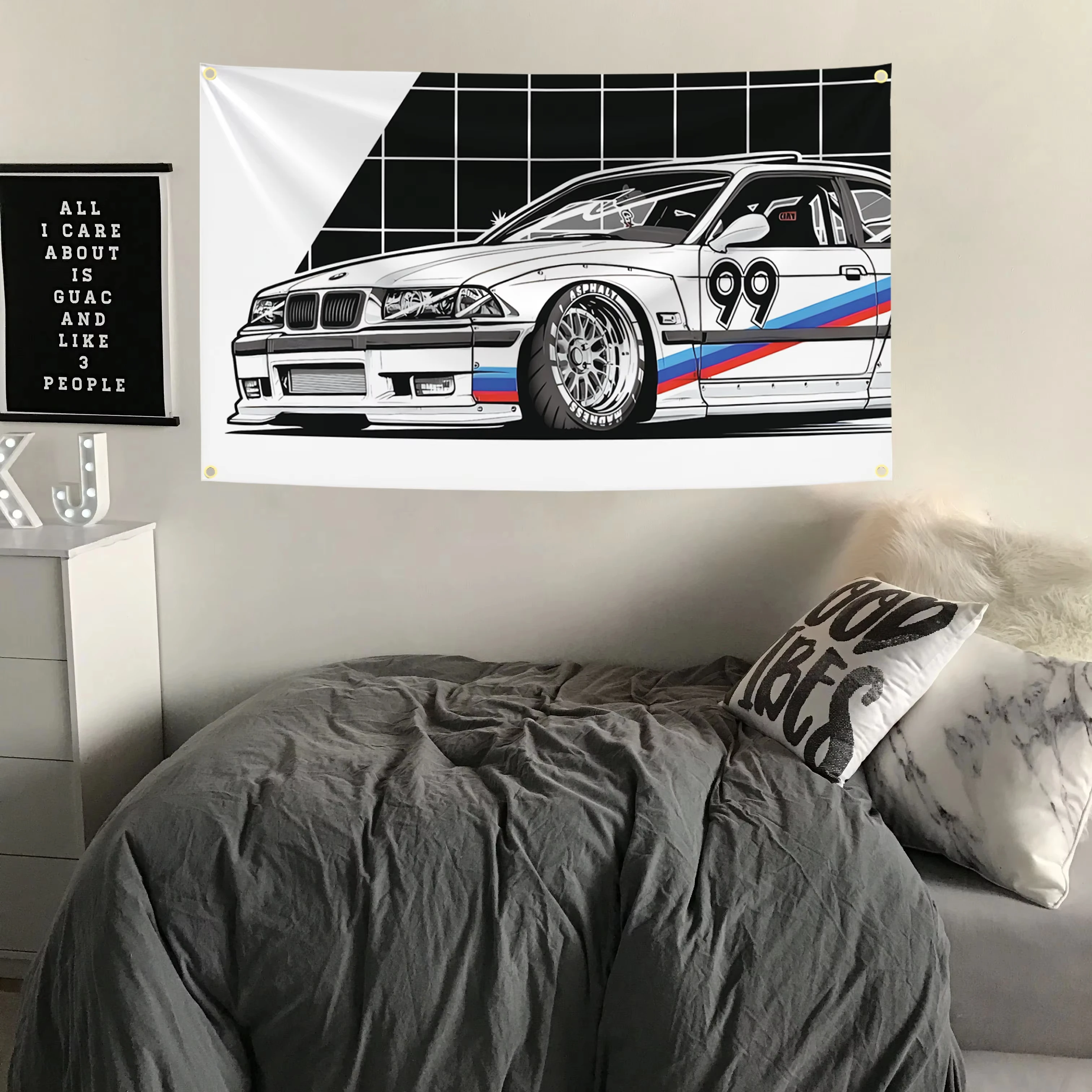 Bandera divertida de carreras de coches, cartel de meme divertido, diseño de arte de dibujos animados abstractos, tapiz de colores, bandera colgante para pared para dormitorio