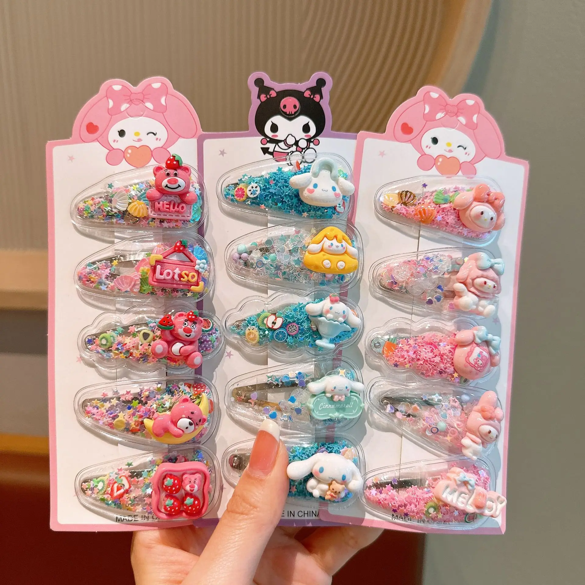 5Pcs Sanrio Kuromi Girls Hairpins Kawaii Cinnamoroll Baby Hairclip Melody Princess Flowing Sand Hair Barrette Sanrio Accessories
