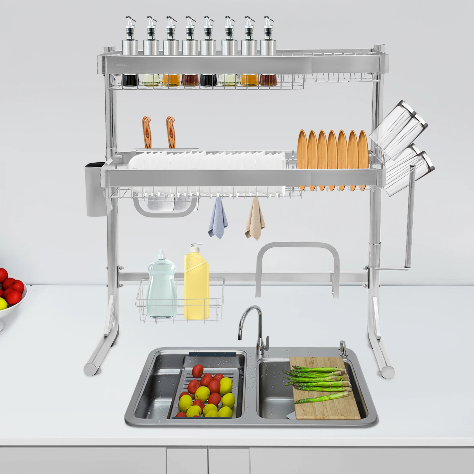 

Over-Sink Dish Drainer Drying Rack Expandable 2 Tier Sturdy and Durable 2-slotted Knife Holder Large Capacity