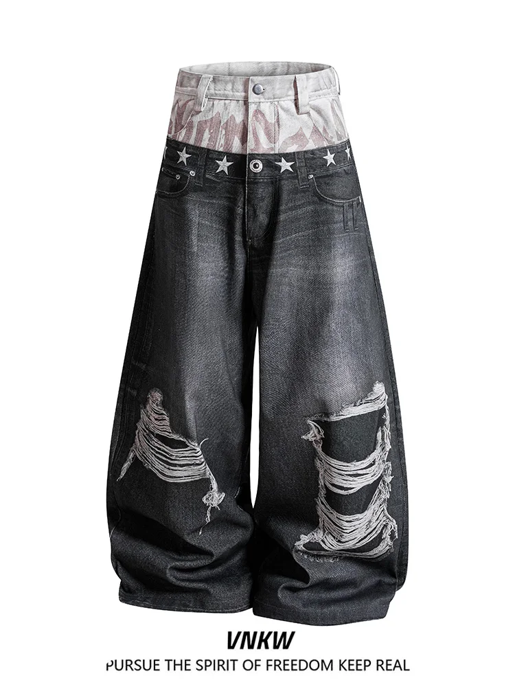 Calças Jeans Retrô Americanas com Cintura Dupla, Estampa 3D, Bloco de Cores, Lavagem Estilo Antigo, Corte Afiado, Unissex, Ba...