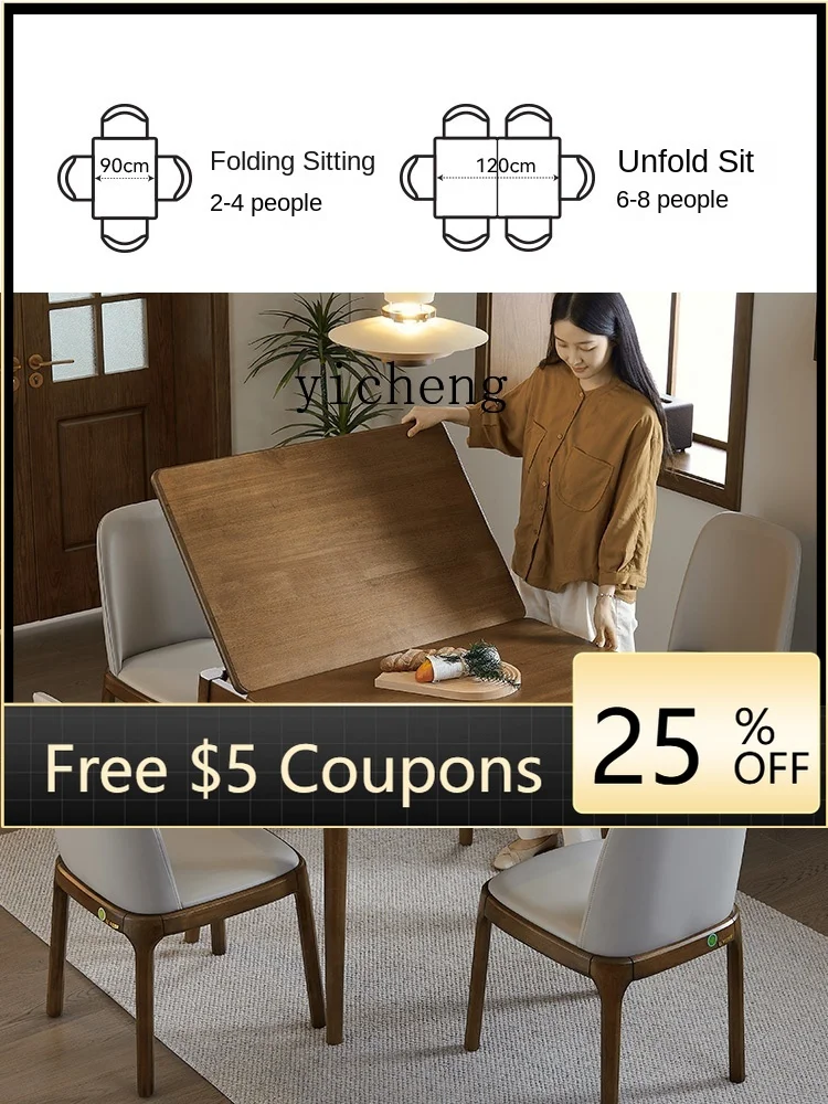 

Folding Dining Table All Solid Wood Small Apartment Home Walnut Color Retractable New Chinese Dining Table