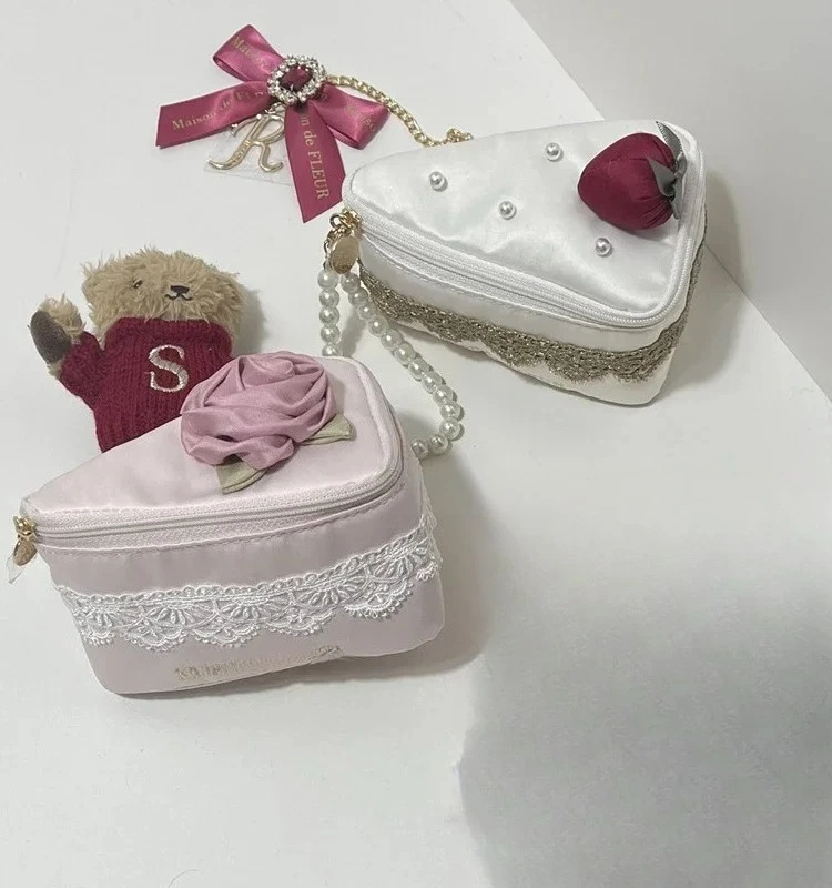 Japanese Lolita Cosmetic Bag Sweet Kawaii Lace Flower Fruit Cake Peach Storage Bag Ladies Niche Design Versatile Casual Handbag