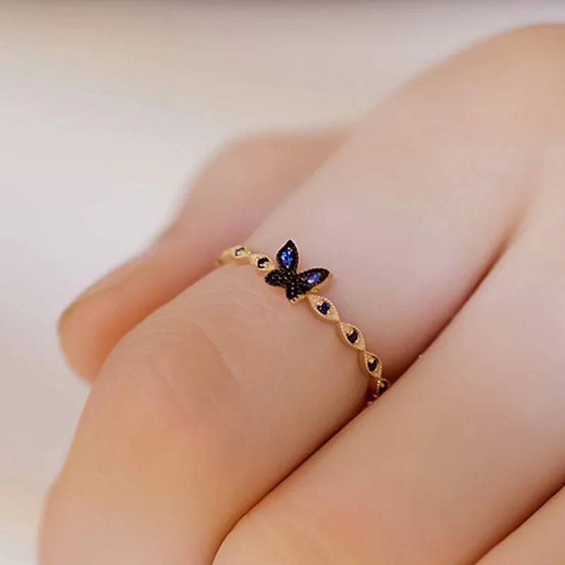 

New Fashion Retro Blue Zircon Butterfly Ring for Women Handmade Copper Gold Plated Butterfly Open Adjustable Ring Animal Jewelry
