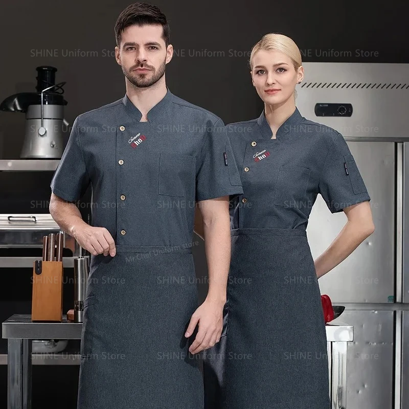 Veste de Chef blanche à manches courtes, uniforme avec tablier pour hommes, manteau de Chef de cuisine de Restaurant respirant, vêtements de travail noirs, accessoires de Chef