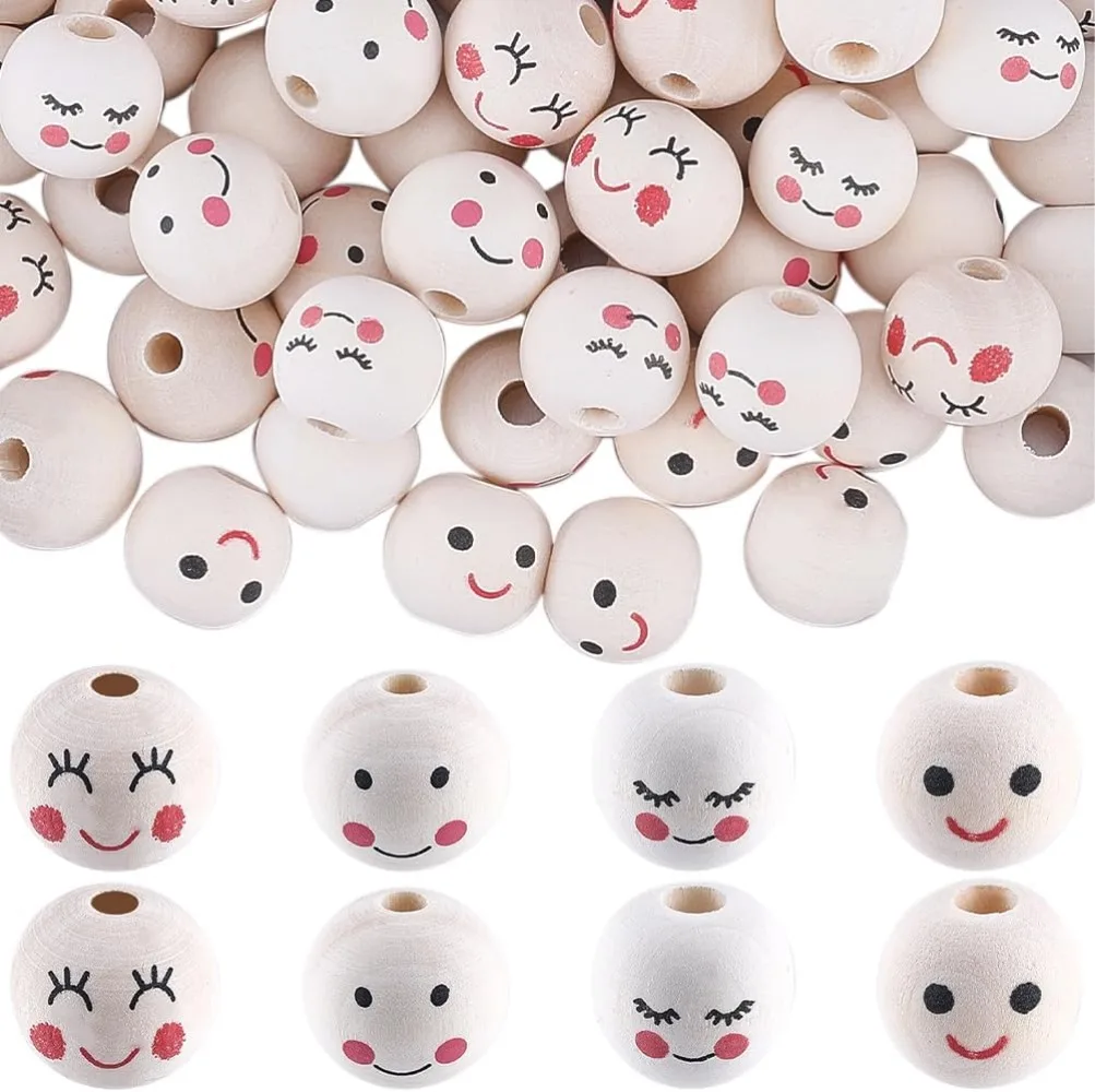 100PCS 4 Styles Smile Face Wooden Bulk Beads Large Natural Wood Round Ball Beads Spacer 5MM Hole Head Ball for Craft Christmas