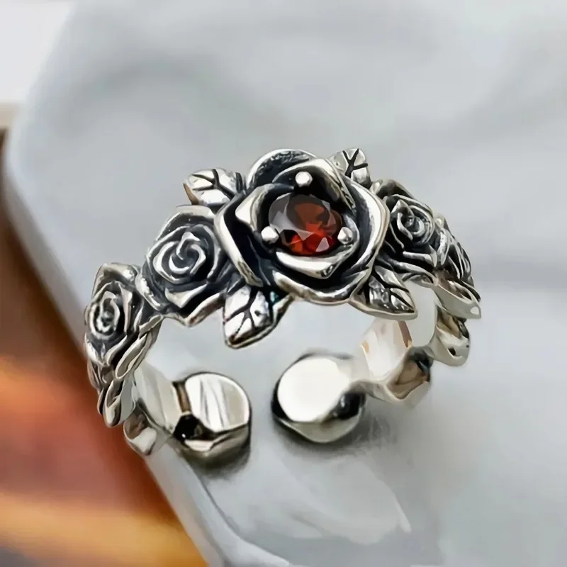 Vintage Silver Color Red Zircon Rose Flower Couple Ring Bohemian Retro Metal Ring Female Opening Adjustable Ring Кольцо С Эмалью