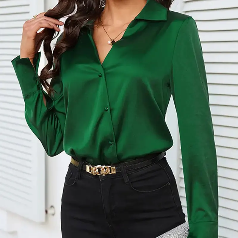 New Long-Sleeved Satin Shirt Femininity Advanced Sense Light Luxury 2024 Spring/Summer Slim Retro Ins Tops Like Silk Green Solid