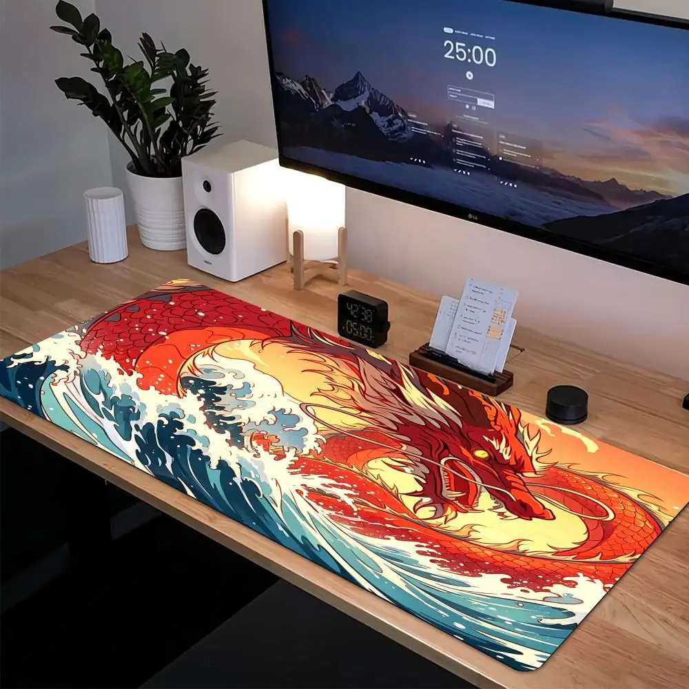 Traditional Oriental Red Dragon Wave Large Gaming Mouse Pad , Sunrise Sea Surf Non-Slip Stitched Edge Desk Mat view 2