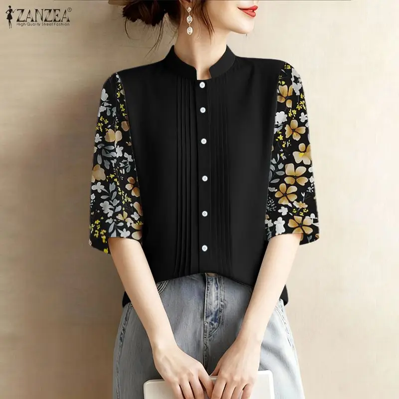 ZANZEA Camicie eleganti con maniche a 3/4 stampate floreali Moda donna Colletto alla coreana Button Up Pintuck Patchwork Camicette Primavera Donna Top