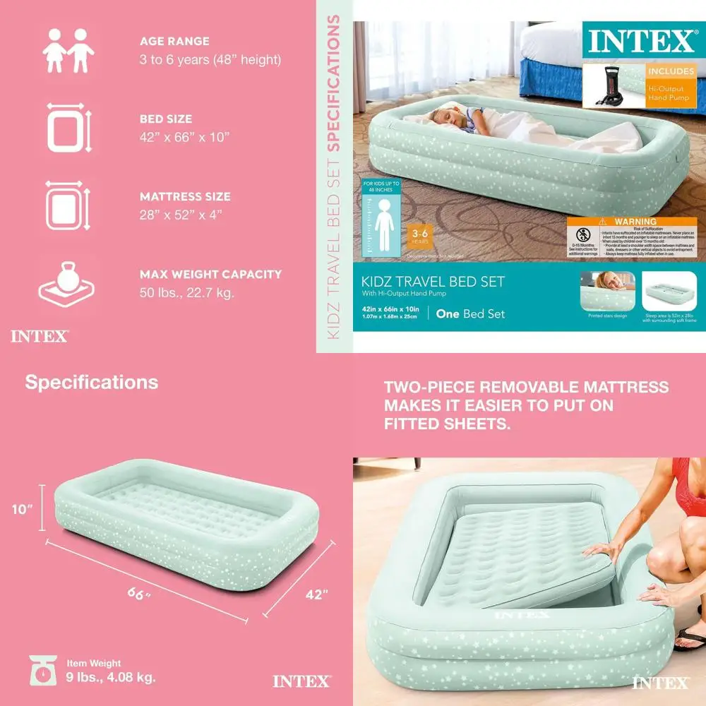 

Портативный надувной матрас с приподнятыми бортиками, насосом и сумкой для детей — идеально подходит для путешествий, кемпинга и ночевок (2 штуки в упаковке)