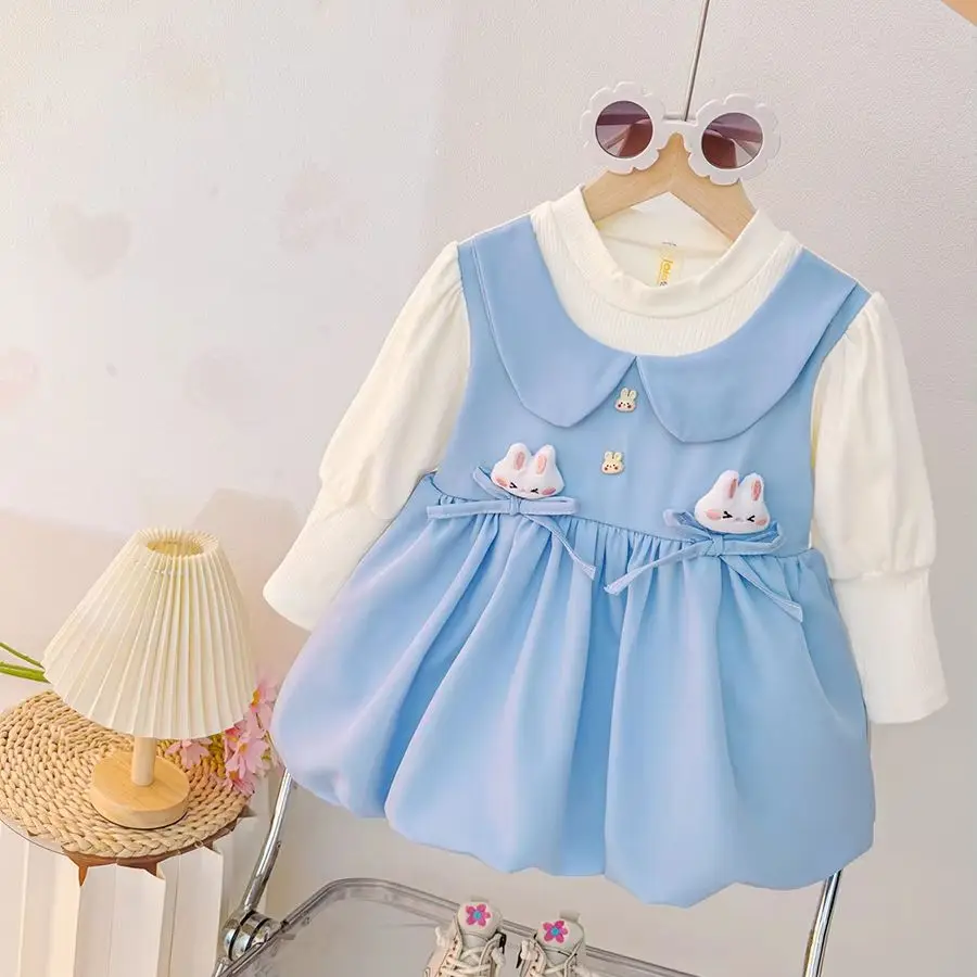 Baby Girl Pink Dress Cute Bunny Bow Decoration Soft Knit Long Sleeve Dress for Kids Girl Autumn Daily Casual Dresses