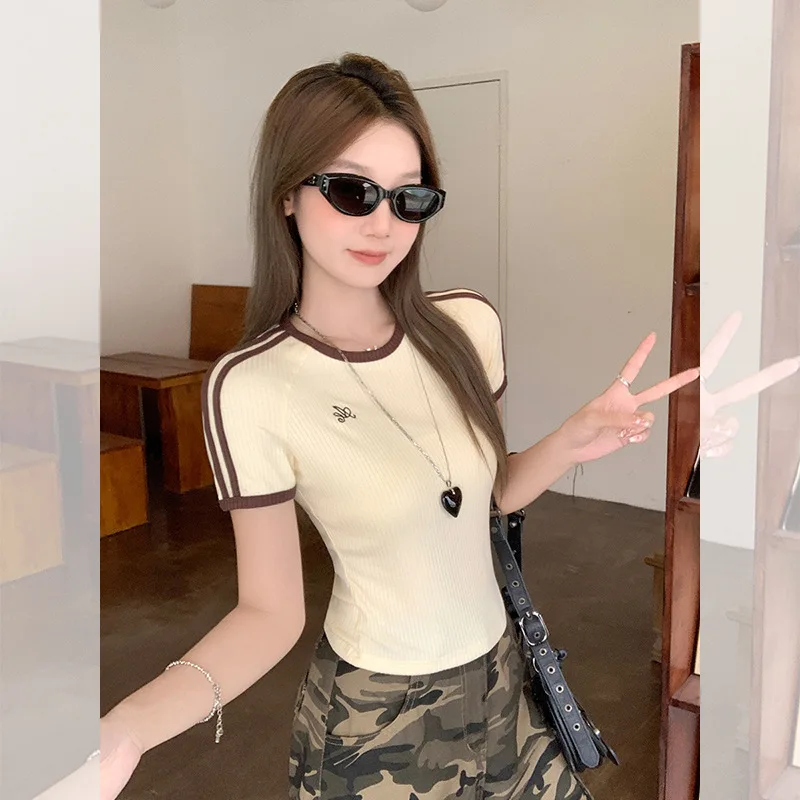 American Style Color Block Striped Round Neck Short Sleeve T-Shirt for Women Summer Petite Slim Fit Embroidered Textured Short