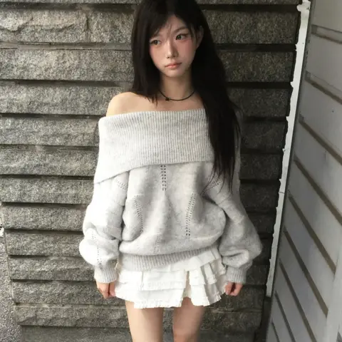 한국 스타일 시크 여성 니트웨어 홀로우 아웃 원숄더 롱 슬리브 스트레이트 컷 출퇴근 스타일 캐주얼 가을 겨울 탑