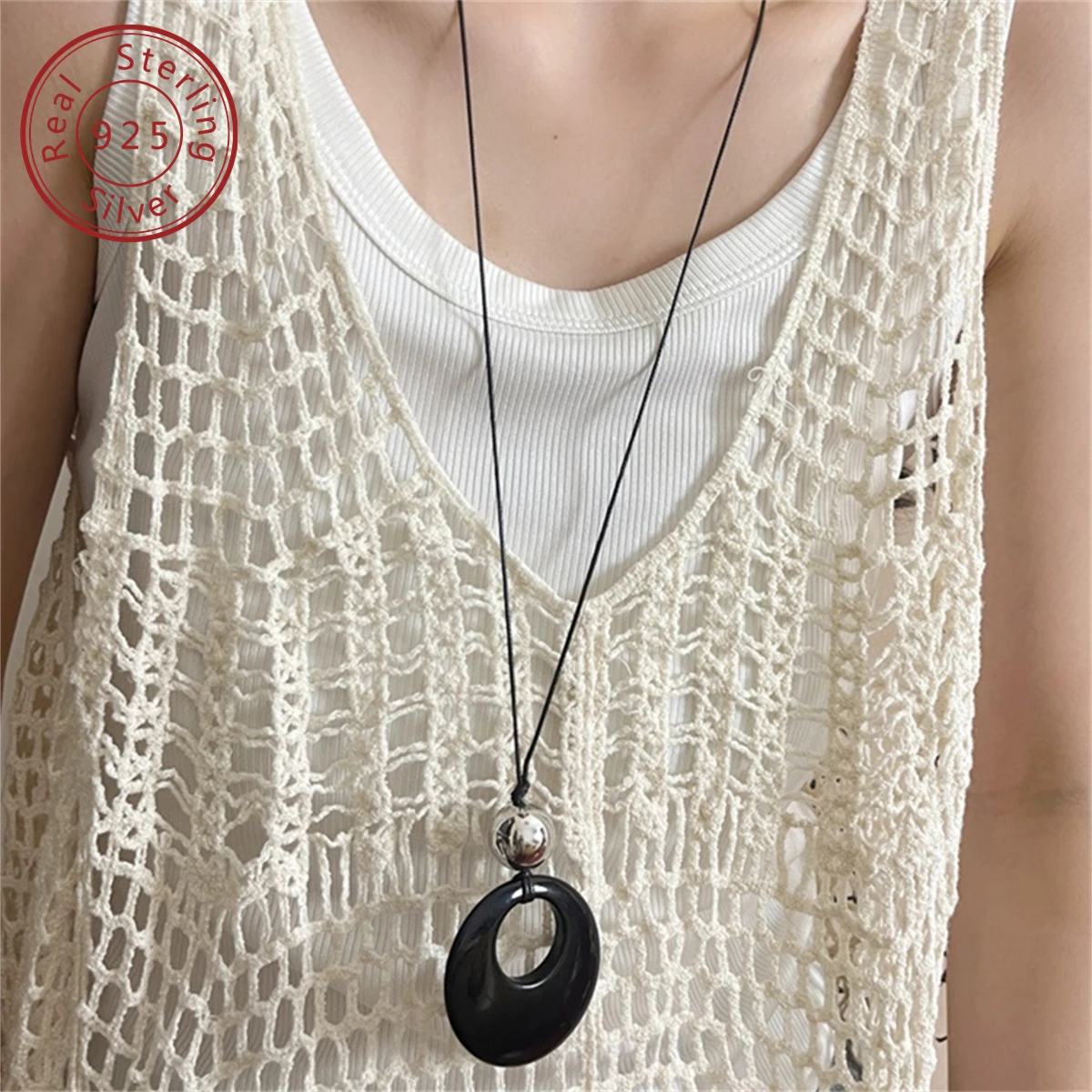 925 Silver Autumn/Winter New Natural Black Agate Ping An Buckle Leather rope Necklace, Full Personality