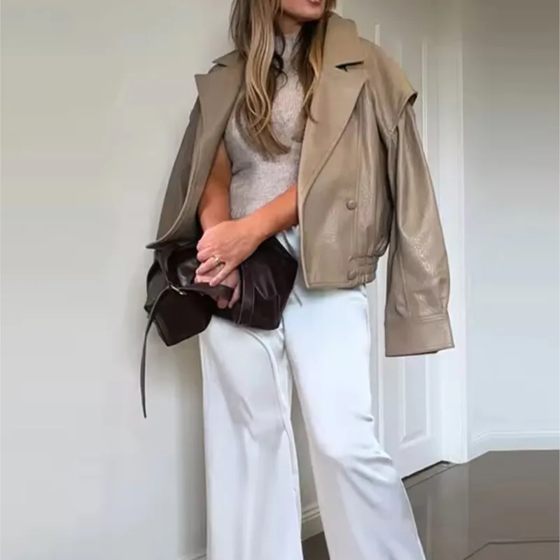 Women's Faux Leather Jakcet with Elastic Hem New 2026 Lapel Collar Long Sleeve Double-Breasted Woman Coat Chic Female Outerwear