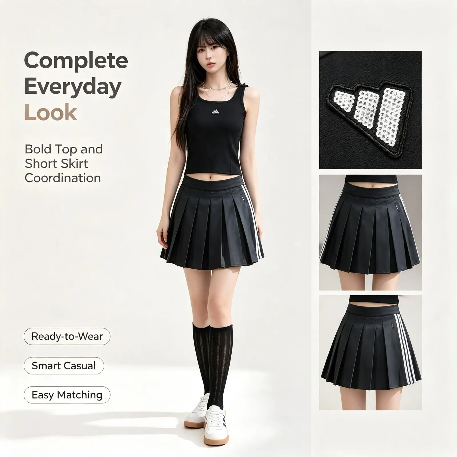 Adidas Black Two-Piece Outfit Set, Graphic Long Sleeve Top and Short Skirt, Casual Edgy Matching Set