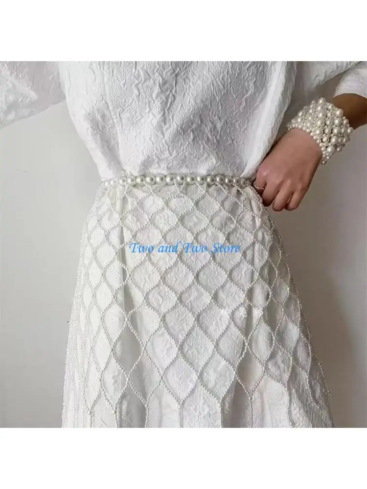 

HX6F Aesthetic Adjustable Retro Imitation Pearls Waist Chain Layered Body Jewelry