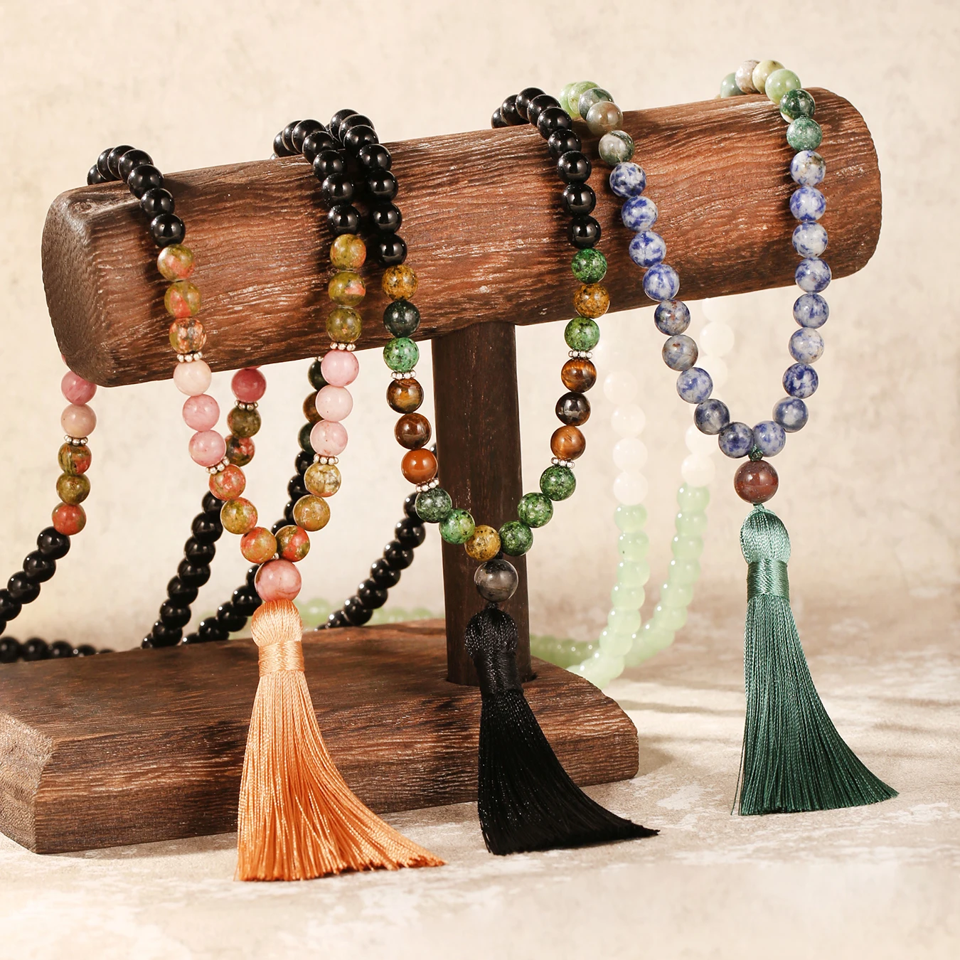 

1PC Bohemia 108 Natural Tourmaline Rosary Beads Necklace for Women Vintage Ethnic Tiger Eye Long Tassel Necklace Women