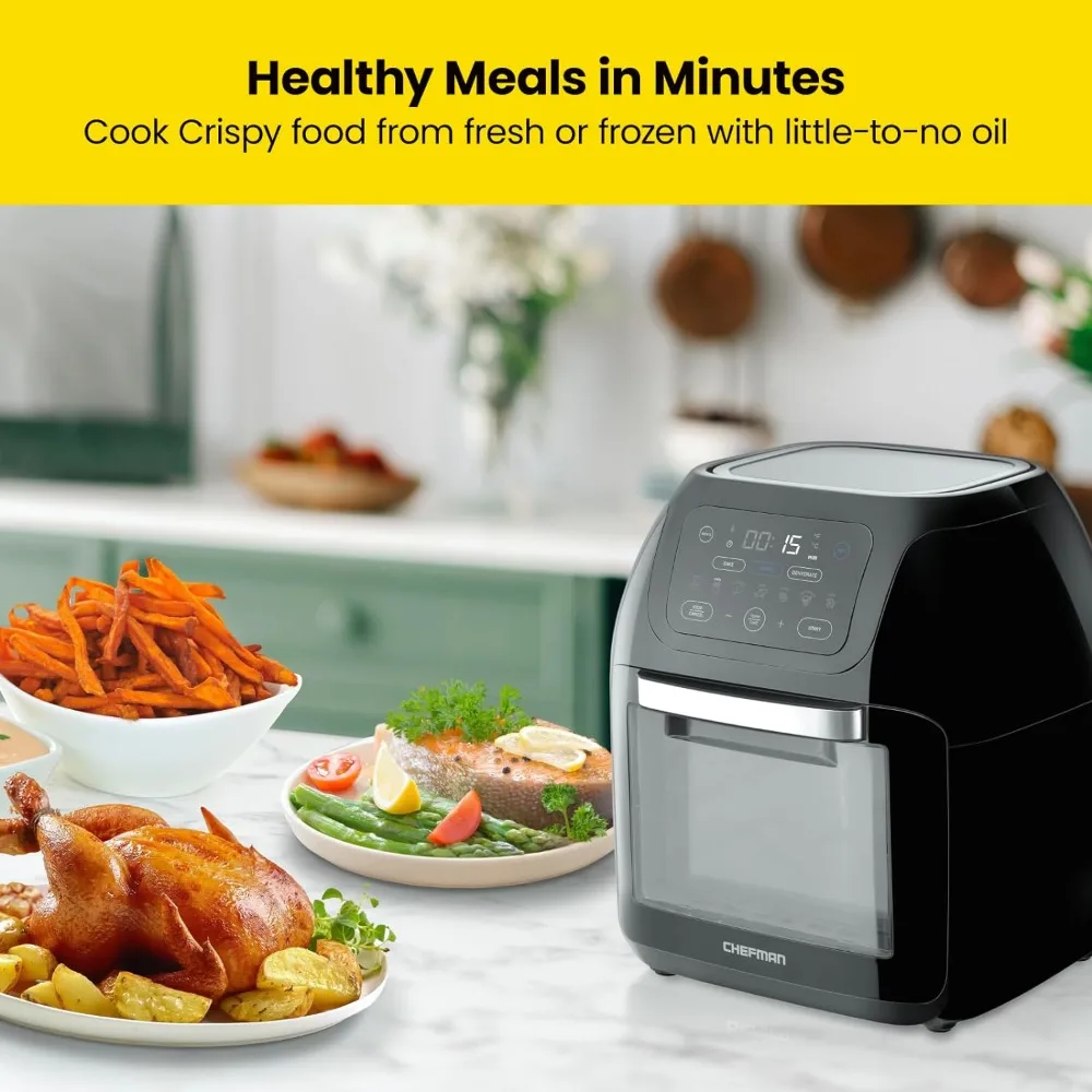 หม้อทอด Air fryer ดิจิตอลมัลติฟังก์ชั่น + โรติสเซอรี่, เครื่องอบแห้ง, เตาอบพาความร้อน, เครื่องตั้งล่วงหน้าหน้าจอสัมผัส17ชิ้นทอด, อบแห้ง