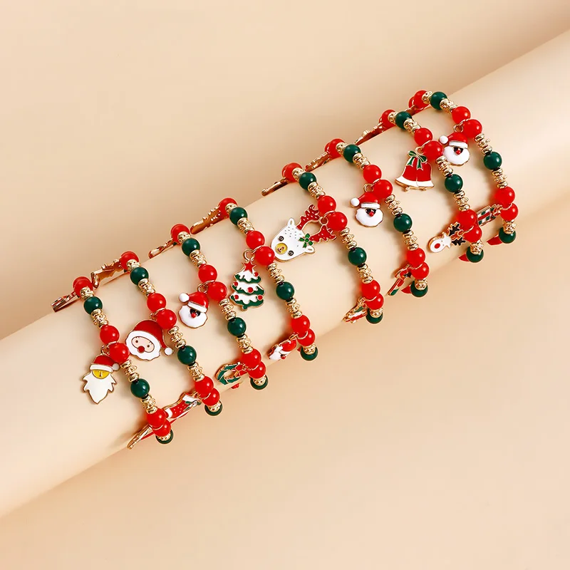 Fashion Handmade Red Agate Bead Christmas Set Bracelet New Jewelry for Women Simple Snowman Elk Bell Santa Charm Bangle Gifts