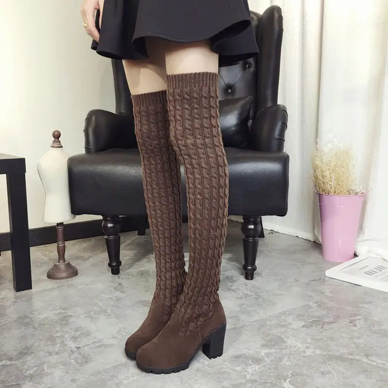 2021 Winter Warm Women Boots Ladies Knee High Shoes Thick Knitted High Heel Boots Round Top Women High Boots Big Size 35-40