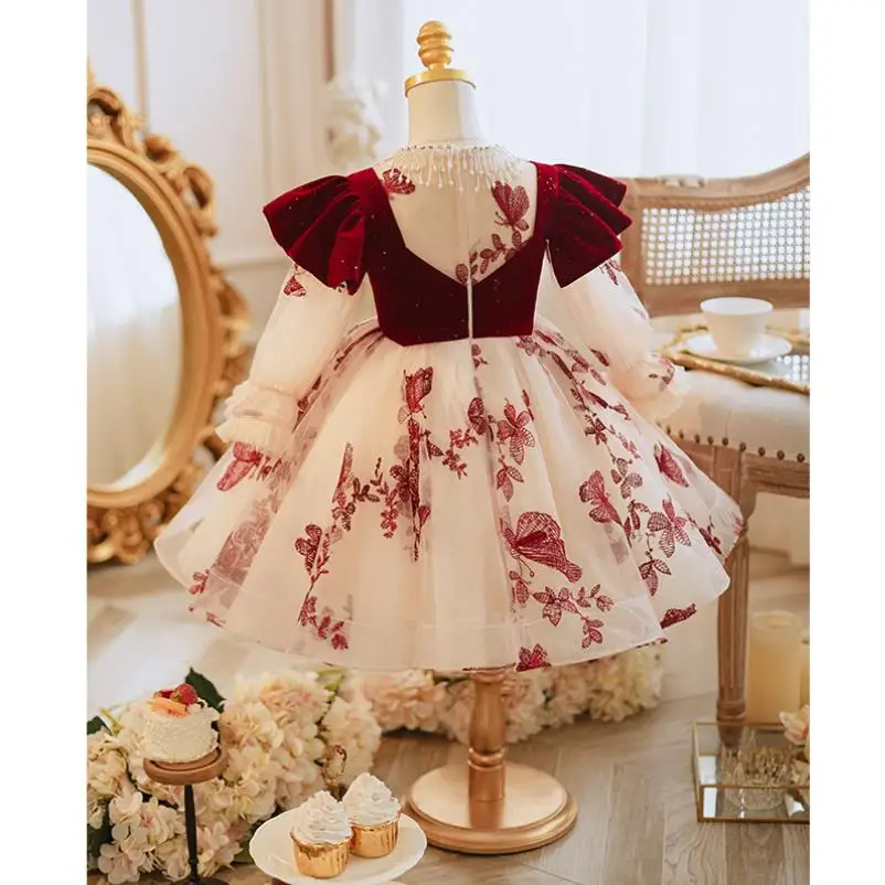 2023 New Children\'s Evening Gown Long Sleeve Print Design Wedding Birthday Baptism Eid Host Performance Party Girls Dress A2910