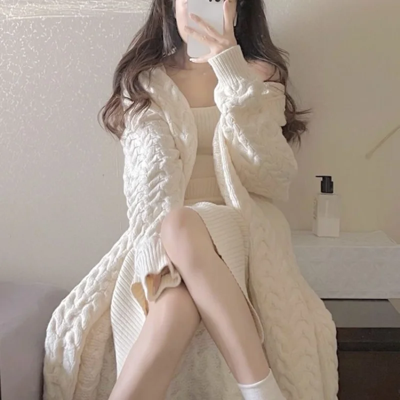 Sweet 2 Piece Dress Set Casual Long Sleeve French Sweater Cardigan + Elegant Strap Dress Beach Style Knitted Suit 2024 Autumn