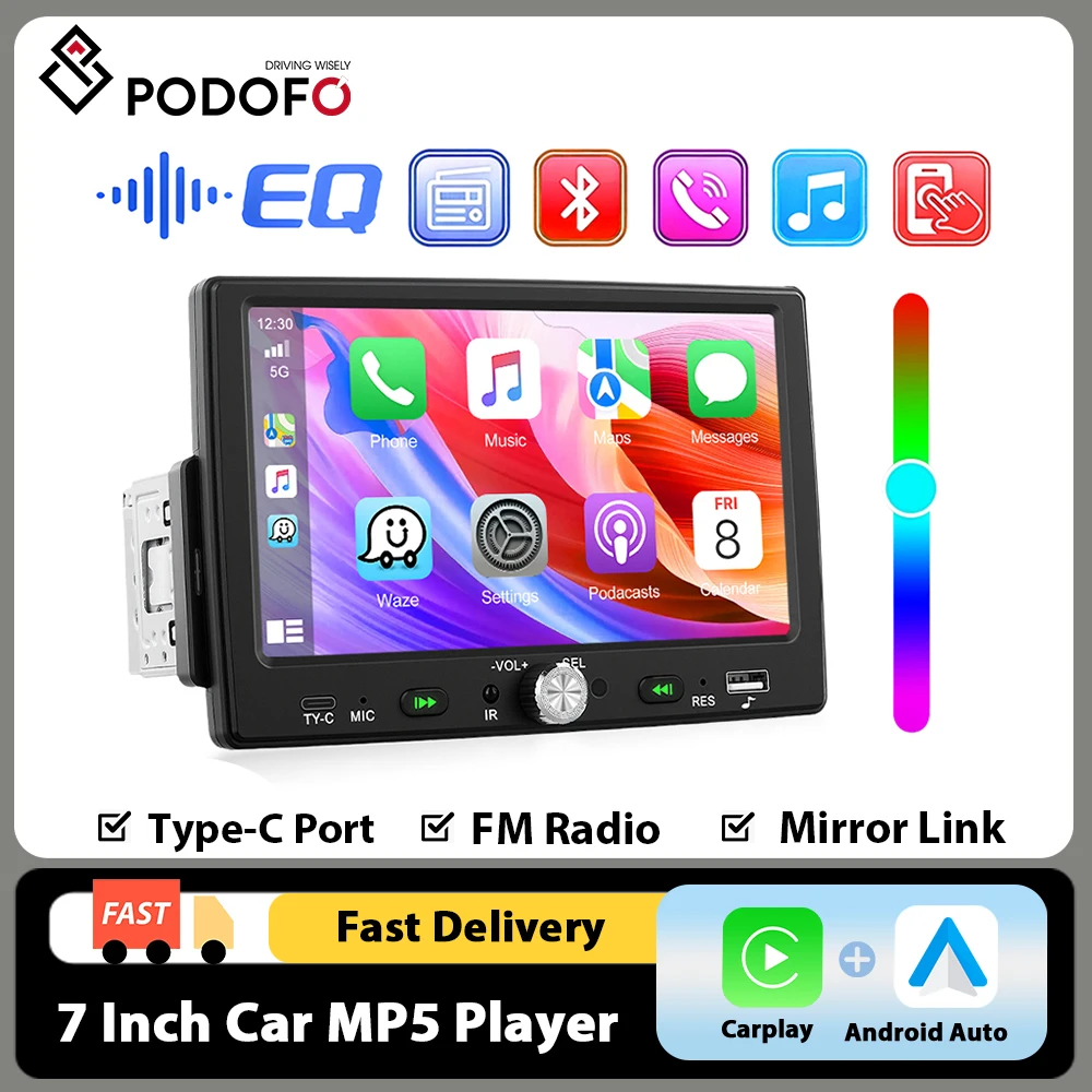 Podofo 1DIN 7" Universeller Auto-MP5-Player mit integriertem kabelgebundenem CarPlay, Android Auto-Unterstützung, BT, FM, EQ, Rückfahrkamera und Fernbedienung.