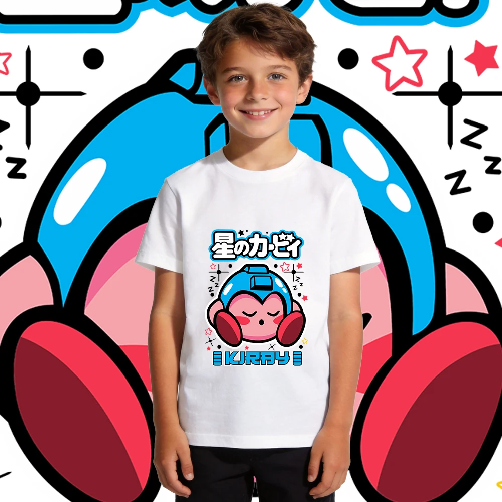 Camiseta de algodão com estampa gráfica Kirby Megaman para meninos, meninas, crianças, verão, casual, manga curta