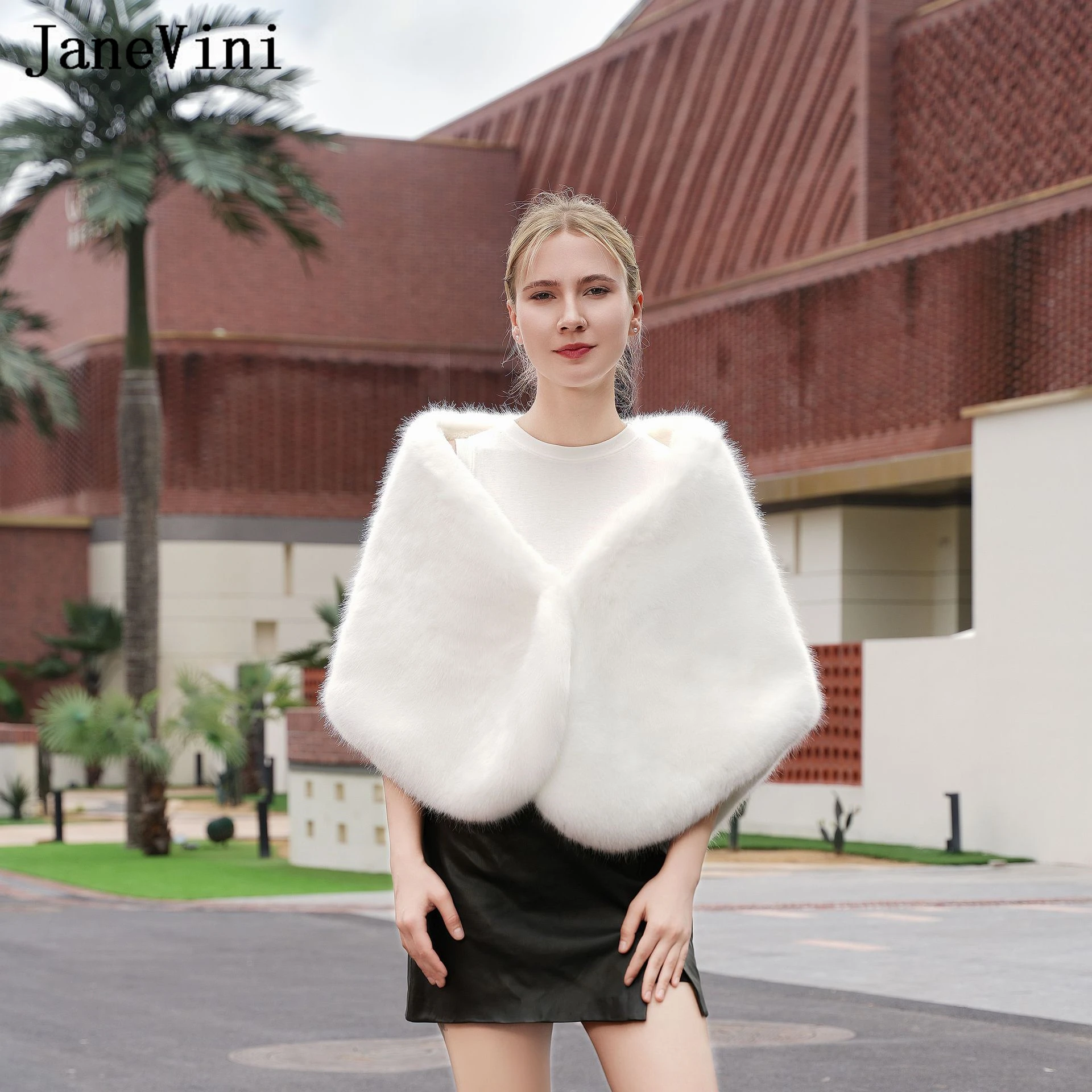 

JaneVini New Faux Fur Shawl Women Winter Warm Soft Boleros Wraps Bridal Capes Wedding Prom Evening Party Coat Jacket Shrug Stole