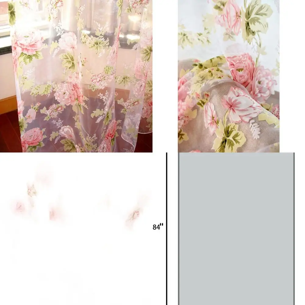 Gorden Sheer Motif Bunga Pink dengan Rod Pocket - 2 Panel, 60 cm Setiap Panel, Panjang 84 cm, Lebar Total 120 cm untuk Cahaya Alami