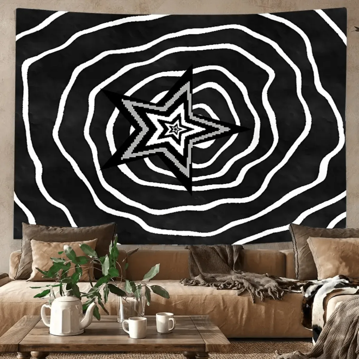 Vintage Pixel Infinite Star Tapestry Black and White Wave Abstract Illustration Hanging Cloth Cool Room Renovation Wall Tapestry