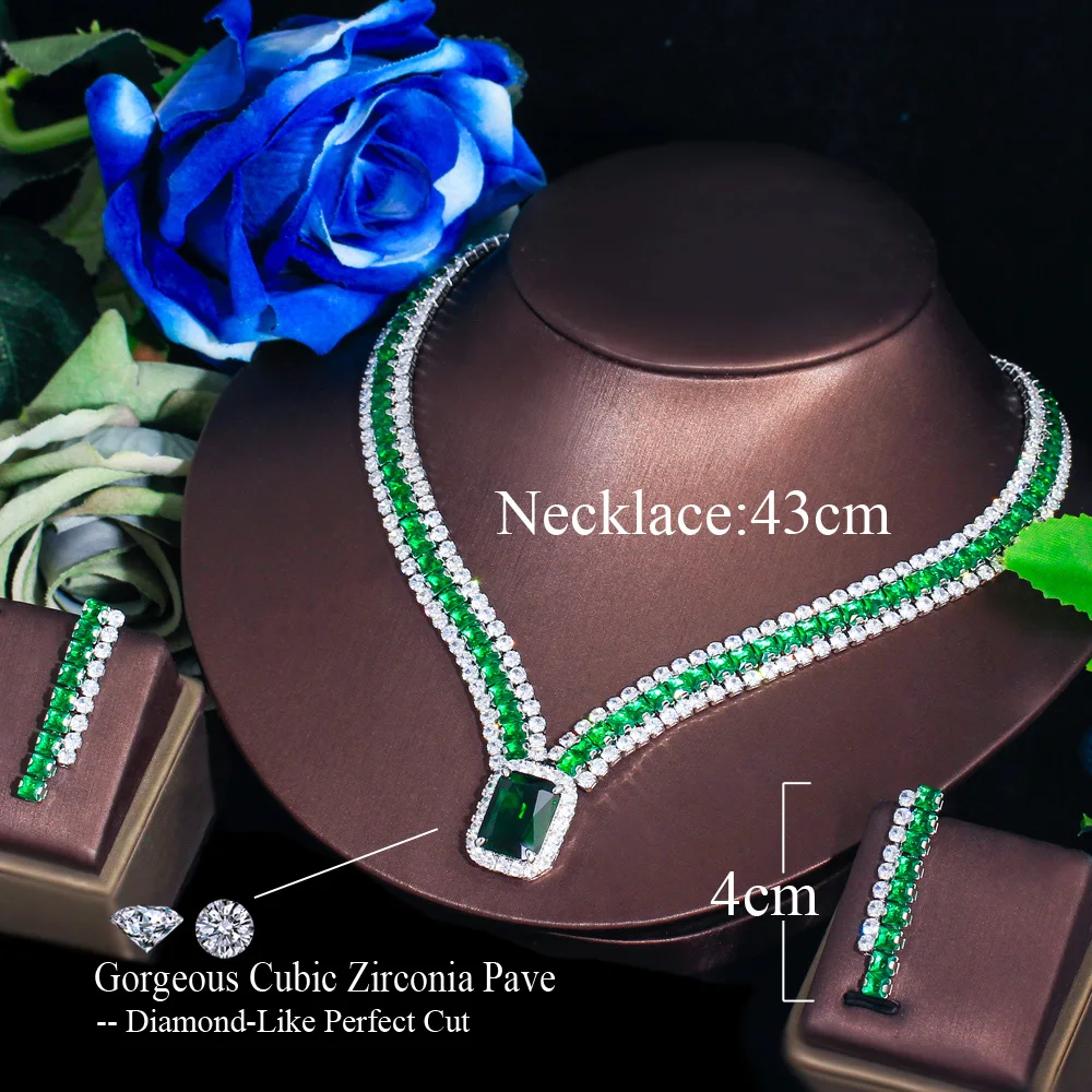 Imagem -05 - Theledings-conjunto Brincos e Colar Cubic Zirconia Verde para Mulheres Grande Quadrado Geométrico cz Jóias de Festa Luxo Elegante Tz936